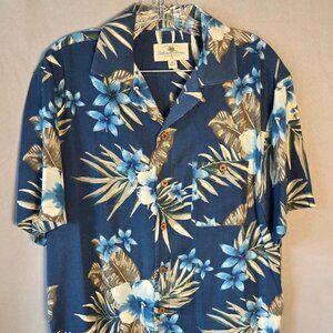 Island Shores Silk Hawaiian Camp Shirt Men's M Blue Floral Aloha